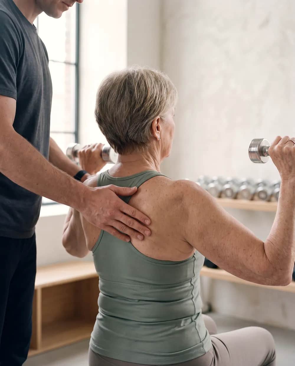 A coach's hand resting flat against a client's upper back to steady her posture as she presses a dumbbell overhead