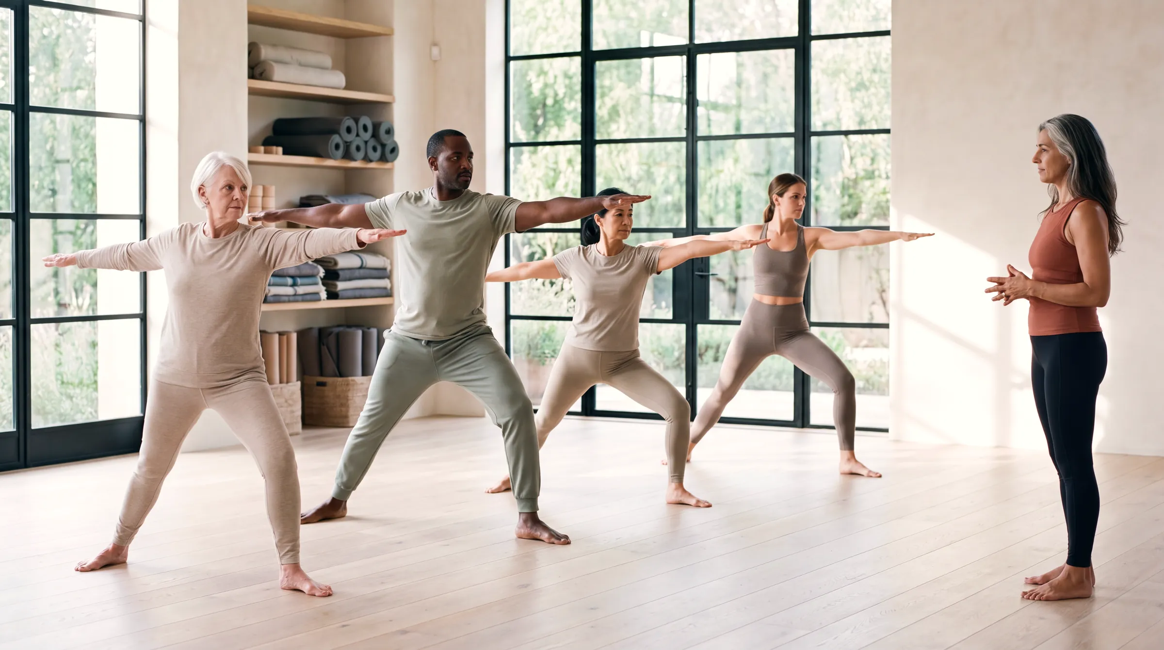 Four students of different ages holding a wide standing pose across the studio floor while their instructor watches from the side