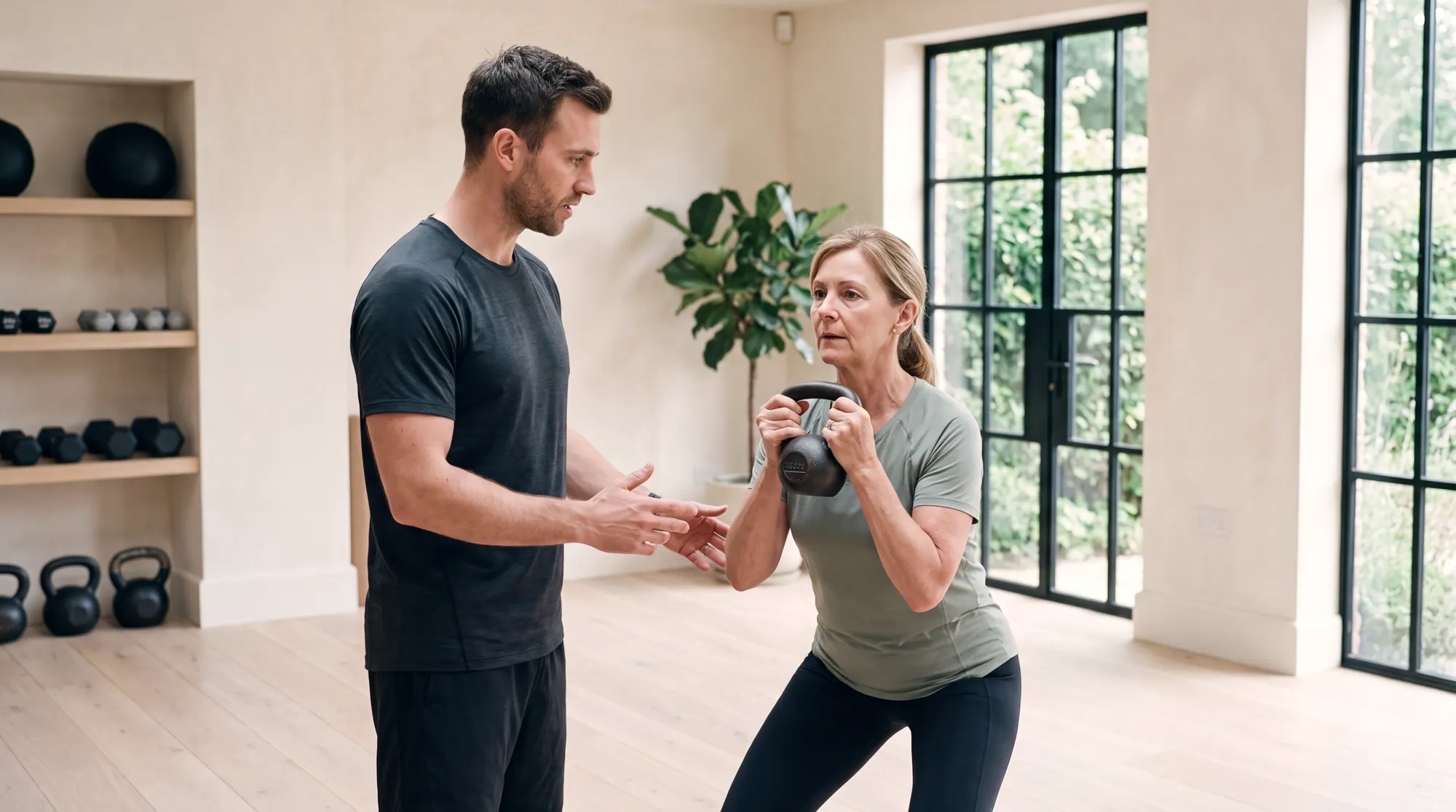 A coach talking a client through a kettlebell squat, a rack of kettlebells and dumbbells on the shelves behind them