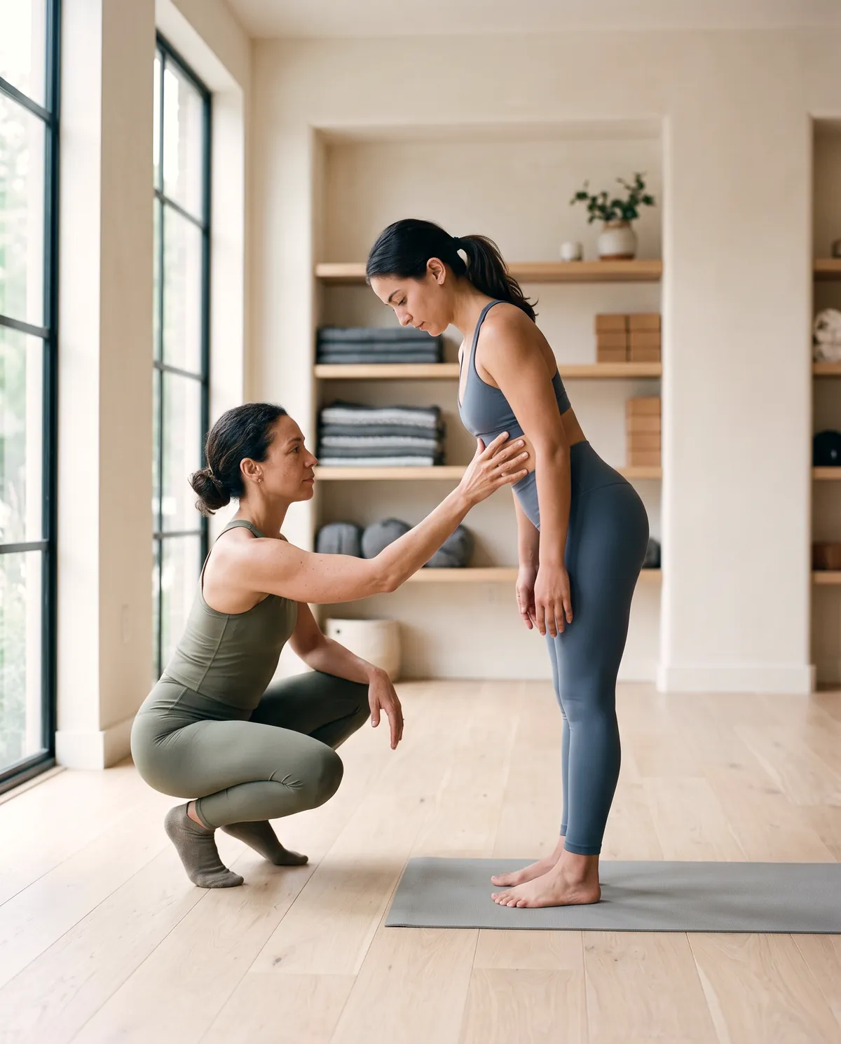 A yoga instructor offering a hands-on alignment cue to a student holding a grounded standing pose