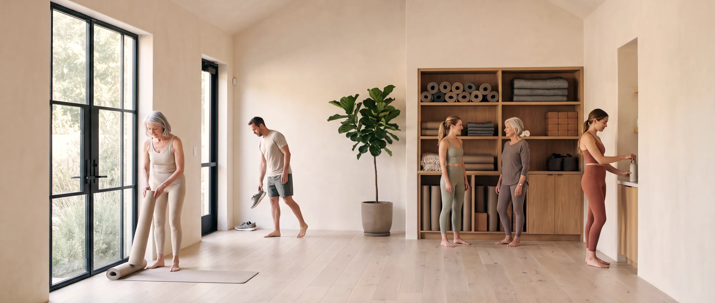 Members arriving in the studio before class, unrolling mats and talking quietly by the shelves