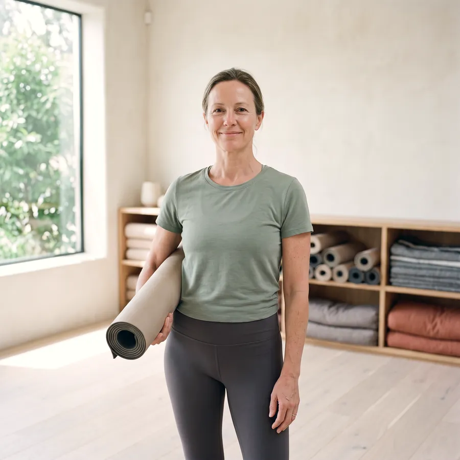 A Life’s Tread member in her forties standing in the studio with a rolled mat under one arm, smiling slightly