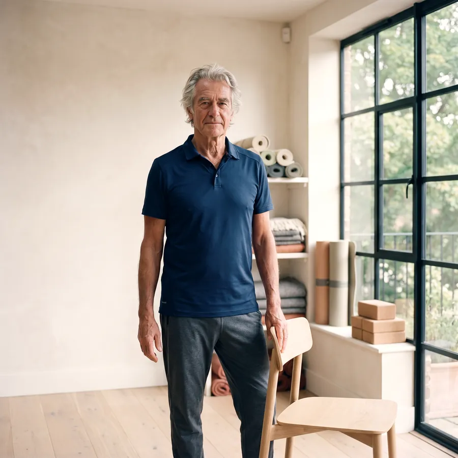 A Life’s Tread member in his late sixties standing easily in the studio, one hand resting on the back of a wooden chair