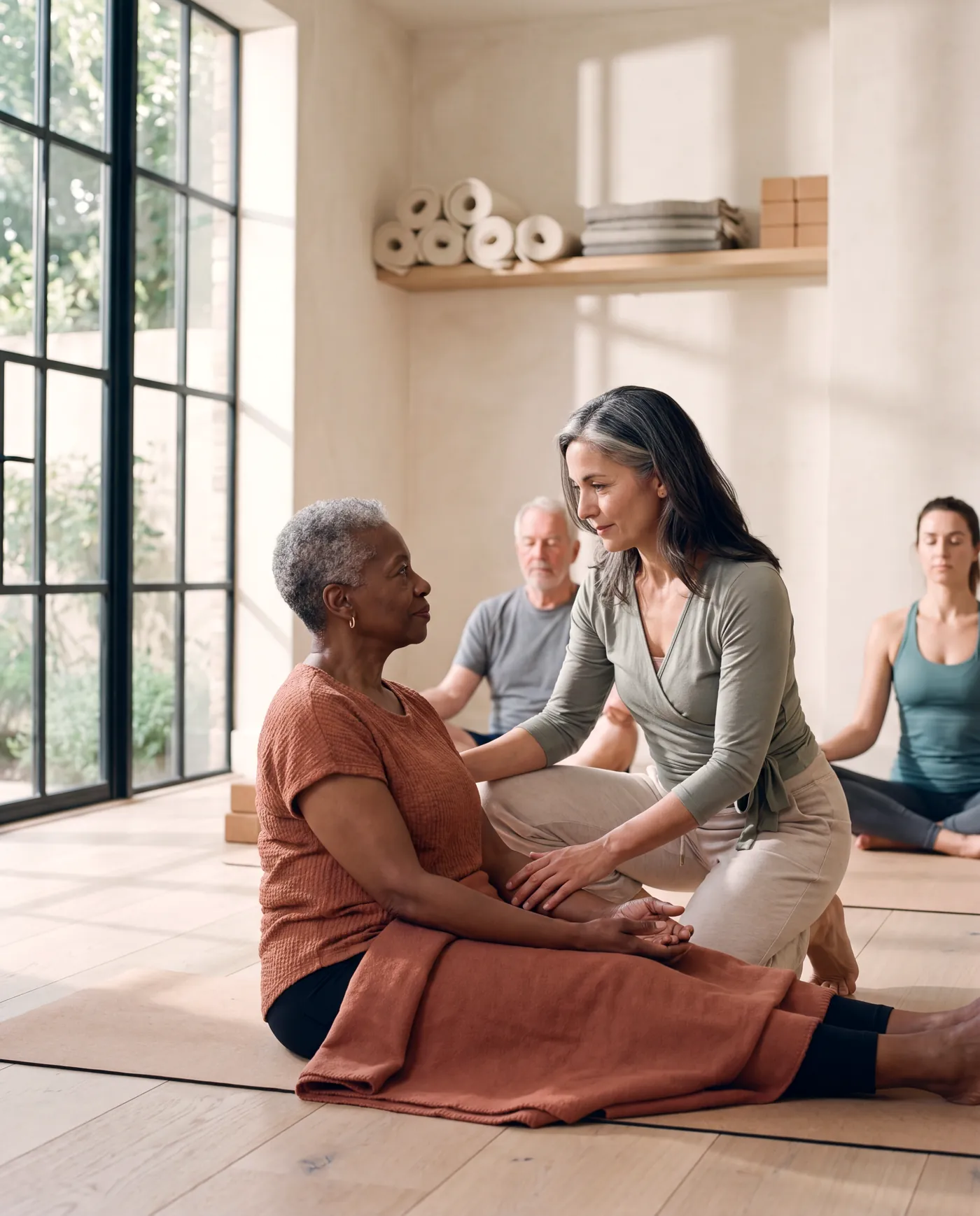 Four students of different ages holding a wide standing pose across the studio floor while their instructor watches from the side