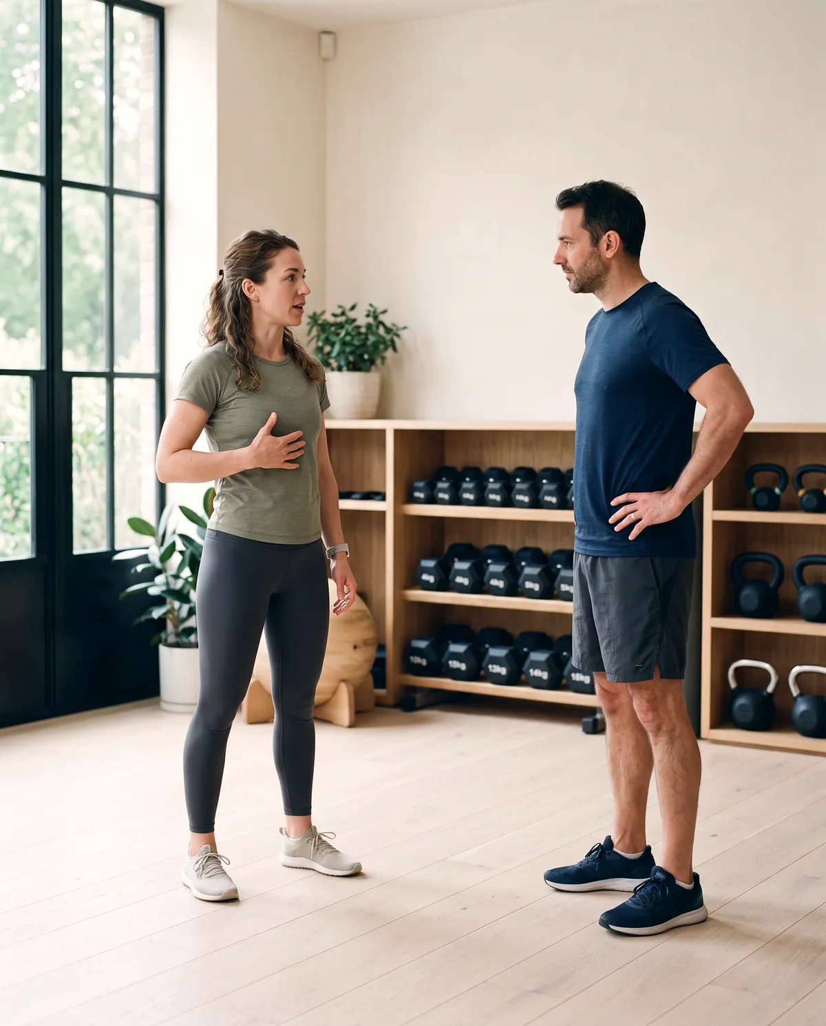 A personal trainer talking a client through a movement one-on-one in the Life’s Tread studio