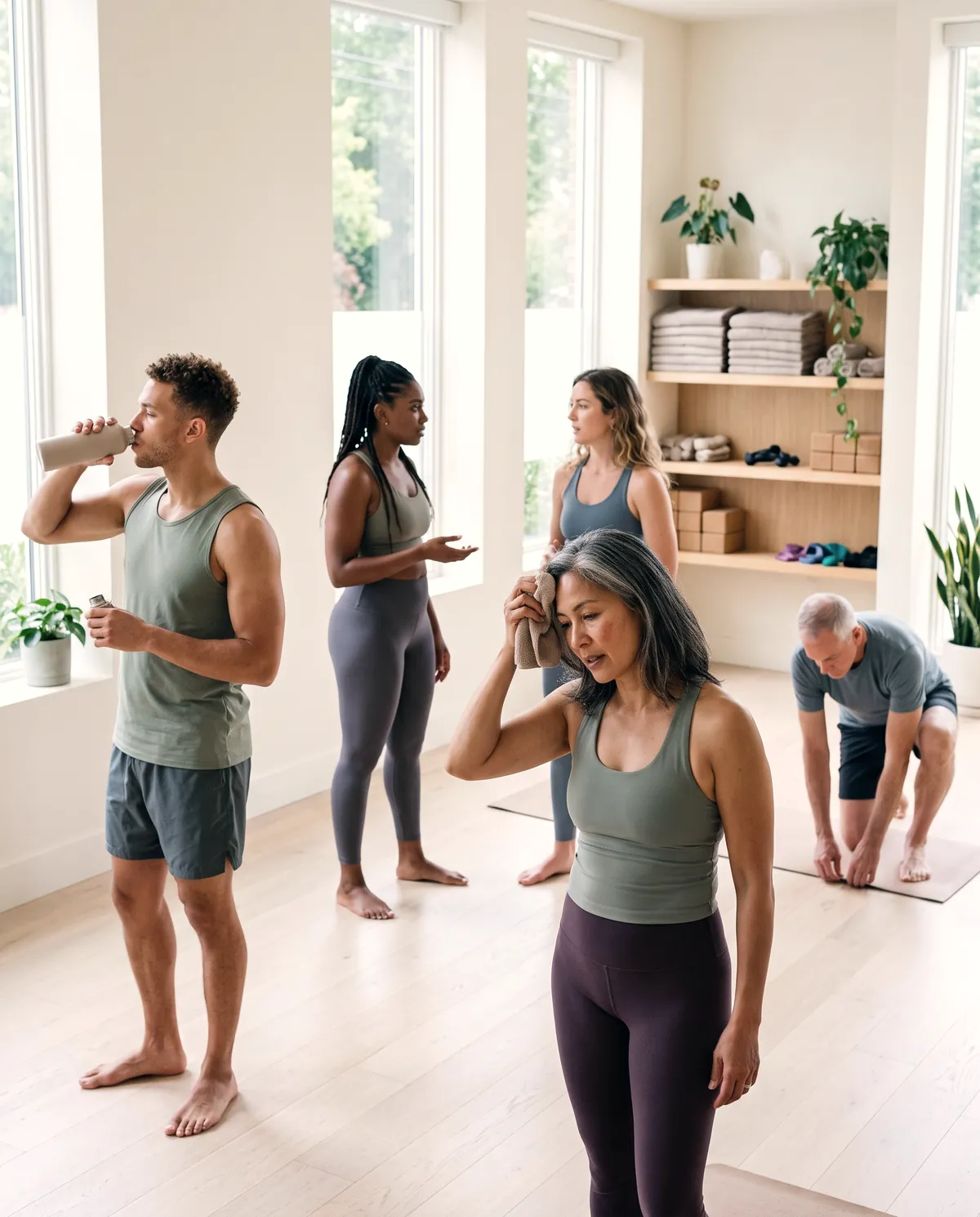 A small group class resetting between exercises, one person retying a shoe, another drinking water