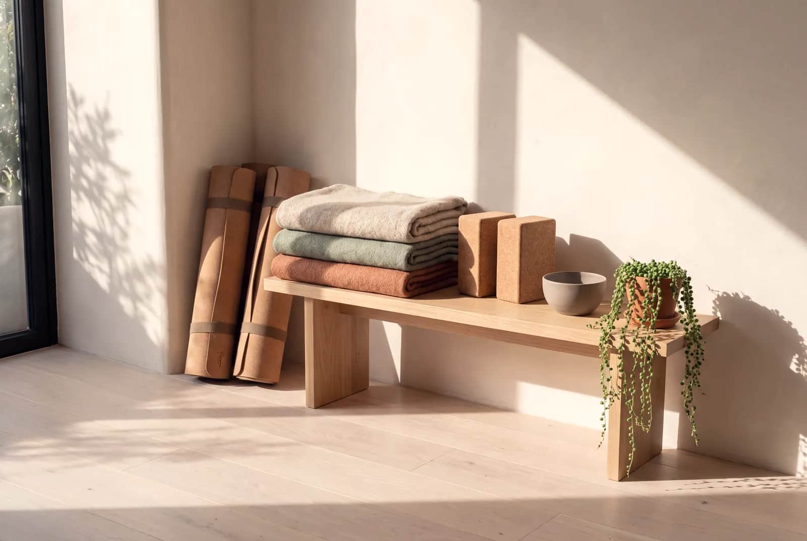 Rolled mats, folded wool blankets, cork blocks and a trailing plant on a low oak bench in raking morning light