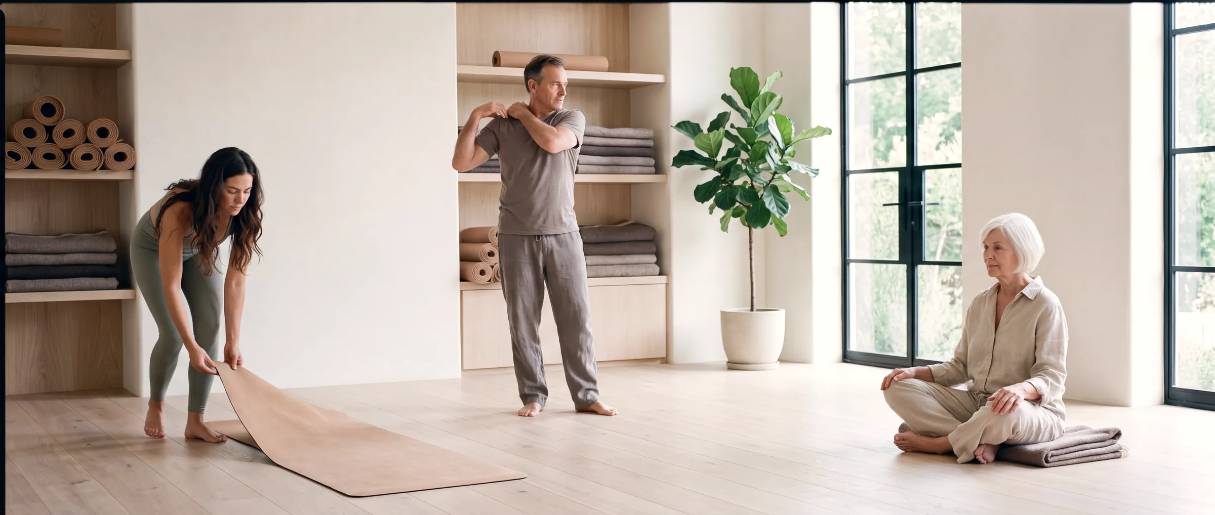 Three members at different stages of life sharing the studio floor, one setting down a mat, one loosening his shoulders, one sitting quietly
