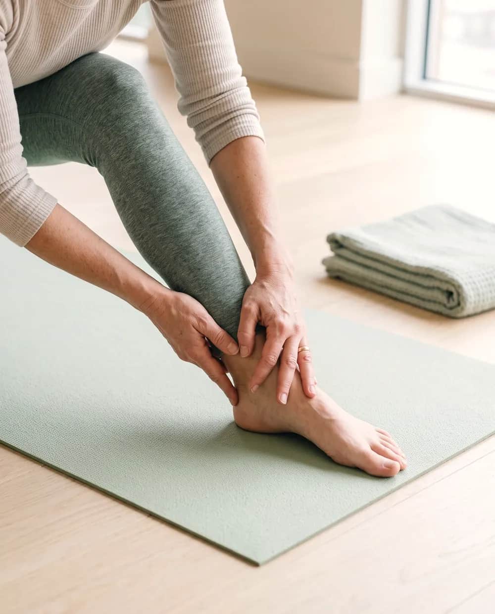 An instructor's hands gently repositioning a student's foot and ankle on a mat