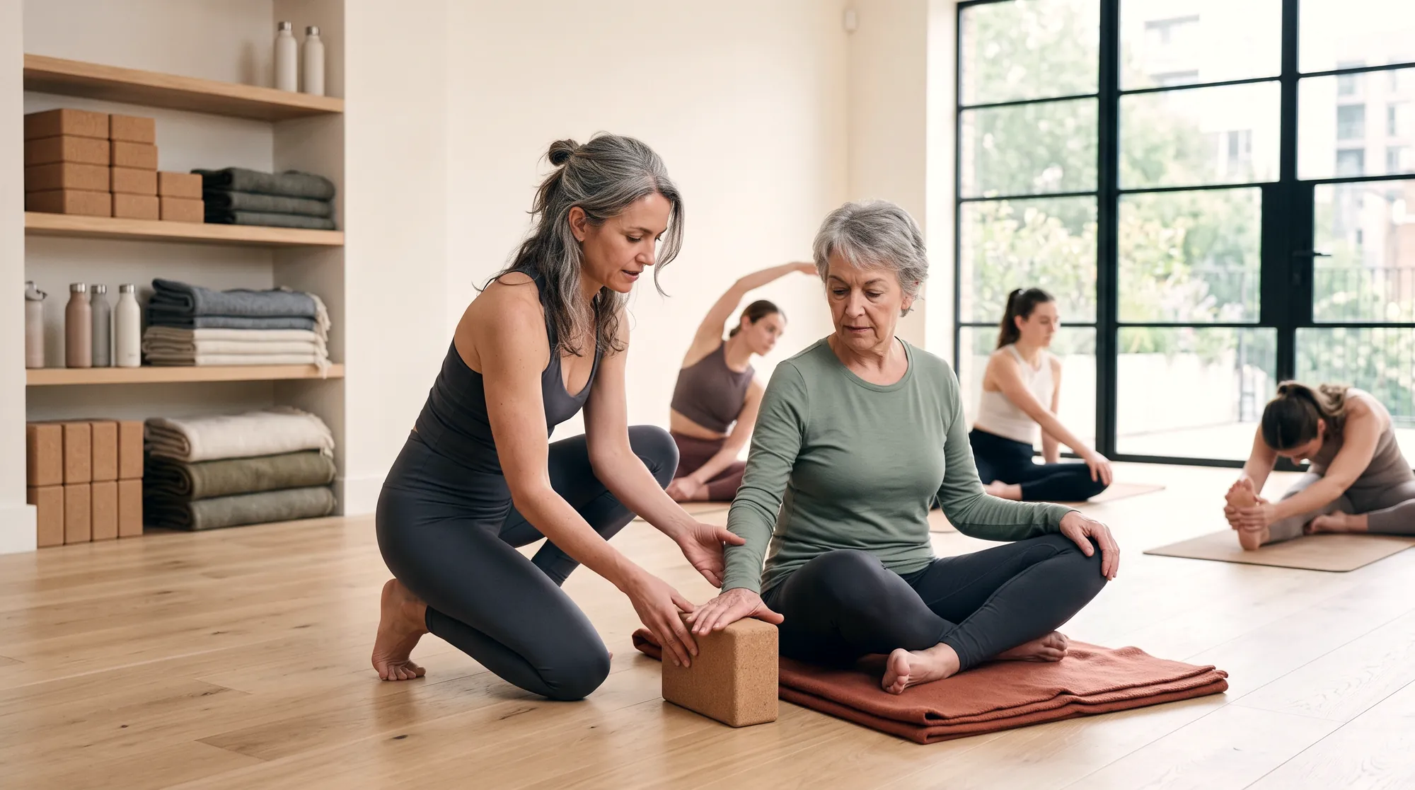 A yoga instructor showing an older student a seated modification using a block and a folded blanket